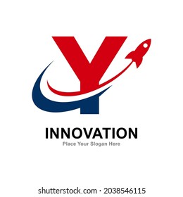 Letra Y con diseño vectorial del logotipo del cohete. Icono de aplicación, tecnología, educación, identidad corporativa, tarjeta, etiquetas o afiches.