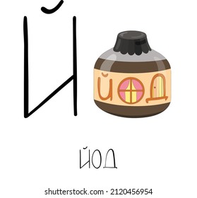 The letter Y from the Russian alphabet with a funny picture and captions, which in English mean iodine. Card from the educational series Amusing home for learning Russian for children and adults.