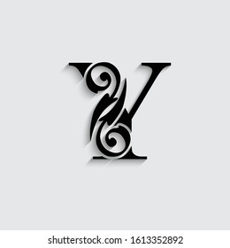 letter Y with shadow. Black alphabet.  Beautiful flower  capital letters