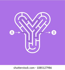 Letter Y shape Maze Labyrinth, maze with one way to entrance and one way to exit. Flat design, vector illustration.