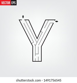 Letter Y shape Maze Labyrinth, maze with one way to entrance and one way to exit. Flat design, vector illustration.