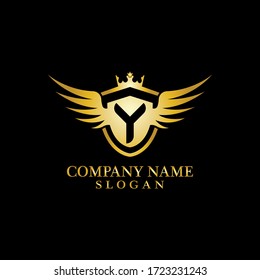 Letter Y Shield, Wing and Crown gold in elegant style with black background for Business Logo Template Design, Emblem, Design concept, Creative Symbol, Icon