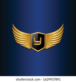 letter Y shield with wings gold color logo design concept template vector 3d heraldic shield and wings logo gold / silver emblem