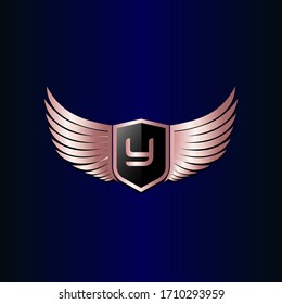 letter Y shield with wings gold color logo design concept template vector 3d heraldic shield and wings logo gold / silver emblem