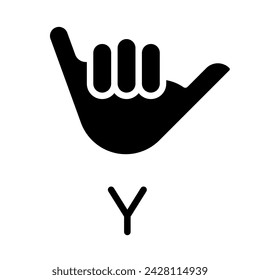 Letter Y sign in ASL black glyph icon. People with deafness language. Gesture of communication. Alphabet. Silhouette symbol on white space. Solid pictogram. Vector isolated illustration