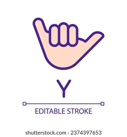 Letter Y sign in ASL pixel perfect RGB color icon. People with deafness language. Gesturing. Isolated vector illustration. Simple filled line drawing. Editable stroke. Arial font used