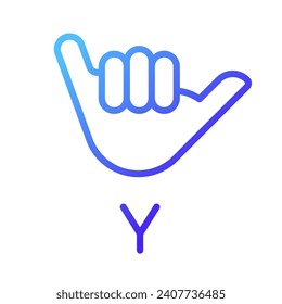 Letter Y sign in ASL pixel perfect gradient linear vector icon. People with deafness language. Gesturing. Thin line color symbol. Modern style pictogram. Vector isolated outline drawing