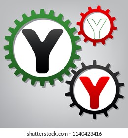 Letter Y sign design template element. Vector. Three connected gears with icons at grayish background.