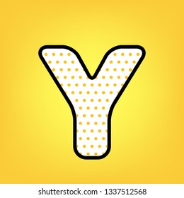 Letter Y sign design template element. Vector. Yellow polka dot white icon with black contour at warm yellow background.
