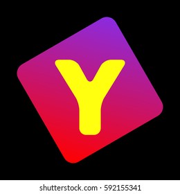 Letter Y sign design template element. Vector. Yellow icon at violet-red gradient square with rounded corners rotated for dynamics on black background.