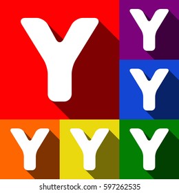 Letter Y sign design template element. Vector. Set of icons with flat shadows at red, orange, yellow, green, blue and violet background.