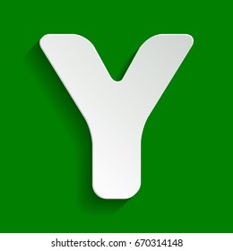 Letter Y sign design template element. Vector. Paper whitish icon with soft shadow on green background.