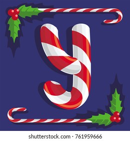 Letter Y, a sign of red and white sweets, sweet sweet cane on a blue background, illustration, vector