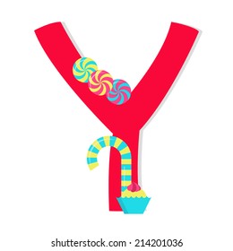 Letter "y" from stylized alphabet with candies. Letter "y" from stylized alphabet with candies: stick candy, Peppermint Candy, sweets. White background.