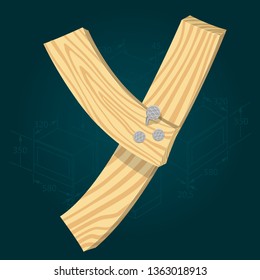 Letter Y - stylized vector font made from wooden planks hammered with iron nails.