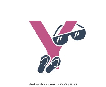 letter y with sunglasses and flip flops. creative vacation and resort alphabet logotype. summer tourism design. isolated vector color image