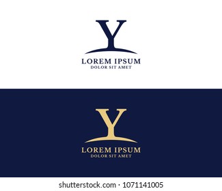 Letter Y With Swoosh Logo Design Vector Template. Dark Blue And Gold Color.