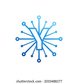 Diseños de logotipo de tecnología Letter y, vector de diseño de logotipo de red de puntos de conexión de letras y.