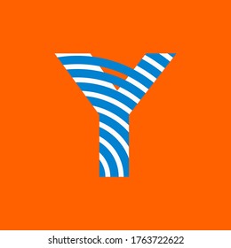 Letter Y texture of curved lines in white and blue on orange background for party, editable vector