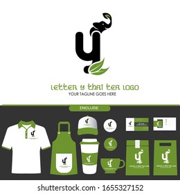 Letter Y Thai Tea Vector Logo Design Inspiration for Thai Tea House and Café. Elephant Logo with Tea Leaves Brand Identity Include Shirt. Apron. Hat. Cup. Pin. Business Card. Paper Bag