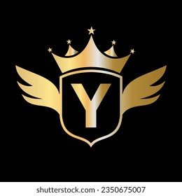 Letter Y Transportation Logo With Wing, Shield And Crown Icon. Wing Logo On Shield Symbol