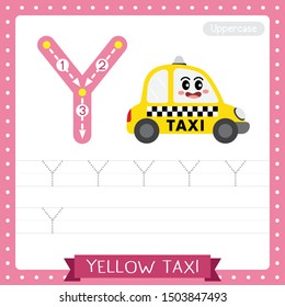 Letter Y uppercase cute children colorful transportations ABC alphabet tracing practice worksheet of Yellow Taxi for kids learning English vocabulary and handwriting Vector Illustration.