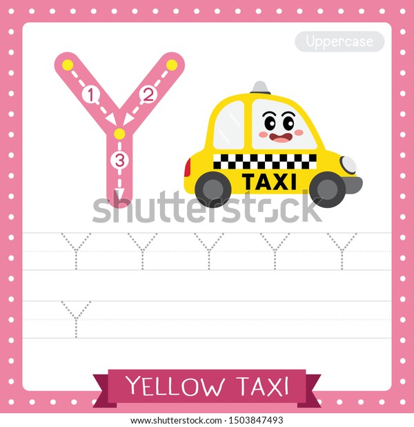 Letter Y\
uppercase cute children colorful transportations ABC alphabet\
tracing practice worksheet of Yellow Taxi for kids learning English\
vocabulary and handwriting Vector\
Illustration.