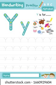 Letter Y uppercase and lowercase cute children colorful ABC alphabet trace practice worksheet for kids learning English vocabulary and handwriting layout in A4 vector illustration.