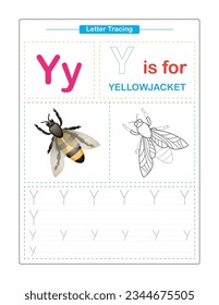 Letter Y.  Uppercase and Lowercase. Cute children. Colorful ABC alphabet tracing. Practice worksheet for kids. Learning English vocabulary and handwriting. Letter Trace. Vector illustration