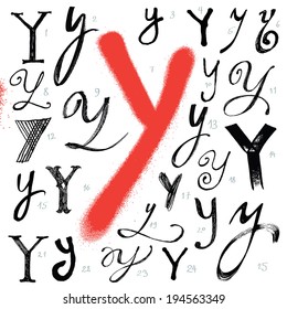 Letter Y. Vector alphabet. Hand drawn letters. Letters written with a brush. Spots and blotches.