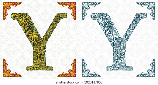 Letter Y. Vector. Decorative alphabet on white background. Isolated fine print. Monogram. Spring leaf ornament. Handmade. Template for wedding invitations, booklets, posters, printed products.
