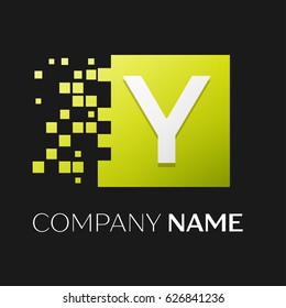 Letter Y vector logo symbol in the colorful square with shattered blocks on black background. Vector template for your design