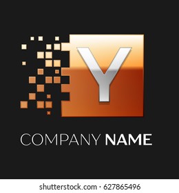Letter Y vector logo symbol in the colorful square with shattered blocks on black background. Vector template for your design