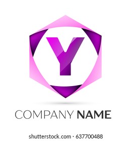 Letter Y vector logo symbol in the colorful hexagonal on grey background. Vector template for your design