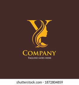 Letter Y vector logo template of initial logo and identity with woman hair and face silhouette ornament.