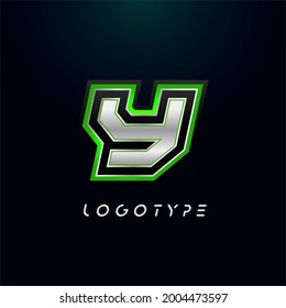 Letter Y for video game logo and super hero monogram. Sport gaming emblem, bold futuristic letter with sharp angles and green outline. Tilted sharp letter type on black background