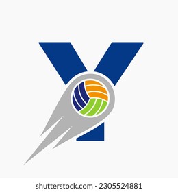 Letter Y Volleyball Logo Concept With Moving Volley Ball Icon. Volleyball Sports Logotype Template
