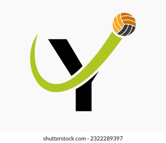 Letter Y Volleyball Logo Concept With Moving Volley Ball Icon. Volleyball Sports Logotype Template