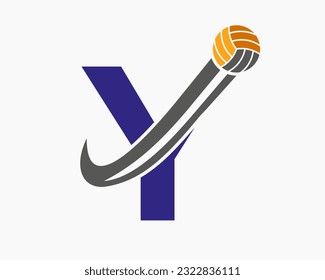 Letter Y Volleyball Logo Concept With Moving Volley Ball Icon. Volleyball Sports Logotype Template