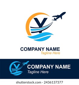 Letra Y con logotipo de Onda y Avión Volador para Agencia de Viajes. Logotipo de diseño vectorial para etiqueta de transporte de viajes, turismo, publicidad de la compañía de vuelos