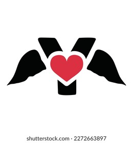 Letter y with wings and heart symbol doodle icon  illustration