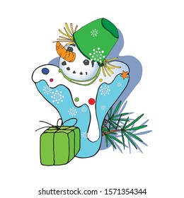 Letter Y. Winter, New Year. Decorated with a snowman with a green bucket, fir branches, confetti and a gift. Design element for cards, posters, flyers, banners.