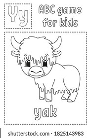 Letter Y is for yak. ABC game for kids. Alphabet coloring page. Cartoon character. Word and letter. Vector illustration.