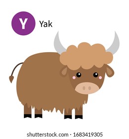 Letter Y. Yak. Zoo animal alphabet. English abc with cute cartoon kawaii funny baby animals. Education cards for kids. Isolated. White background. Flat design. Vector illustration