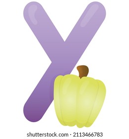 Letter Y and yellow bell pepper on a white background, training card. English vocabulary and alphabet, vector for children, learning aid in kindergarten and school