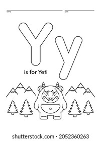 Letter Y is for Yeti Alphabet Learning Worksheet Coloring Book Page