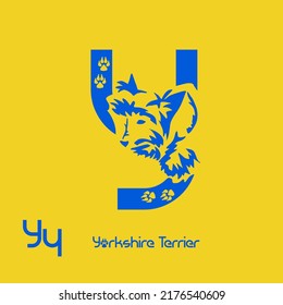 Letter Y with Yorkshire terrier. Unusual decorative alphabet. Dog font based on gestalt design