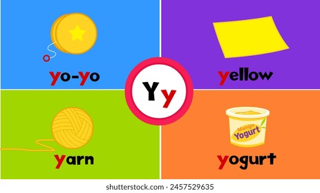 Letter Y y, yo-yo, yellow, yarn, yogurt, Flashcard, Alphabet, Kids, Learning, Teaching, Vocabulary
