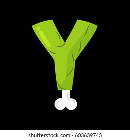 Letter Y zombie font. Monster alphabet. Bones and brains lettering. Green Terrible ABC sign
