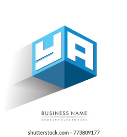 Letter YA logo in hexagon shape and blue background, cube logo with letter design for company identity.
